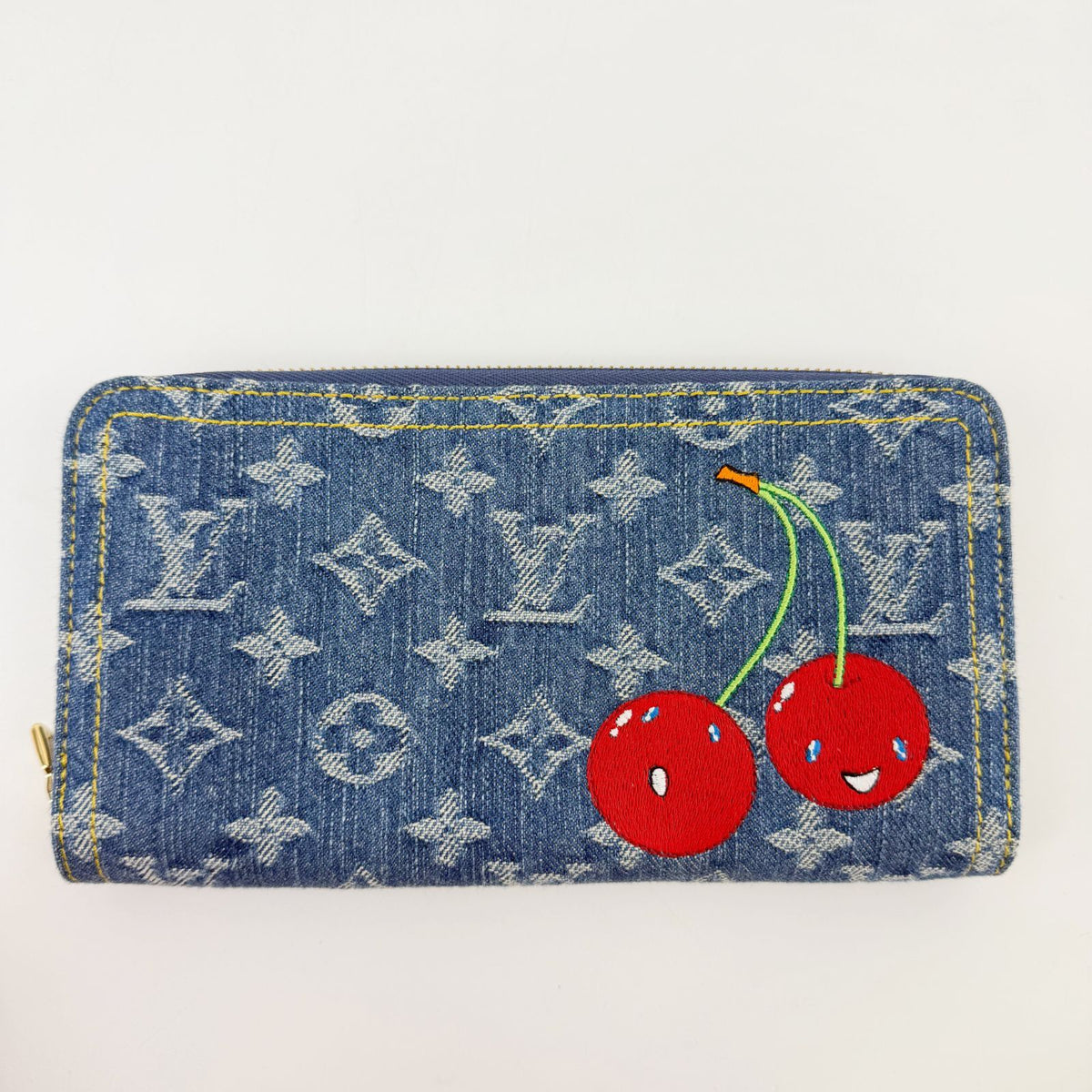 Louis Vuitton LV x Takashi Murakami Zippy Wallet Cherry Monogram Denim Blue — view 2