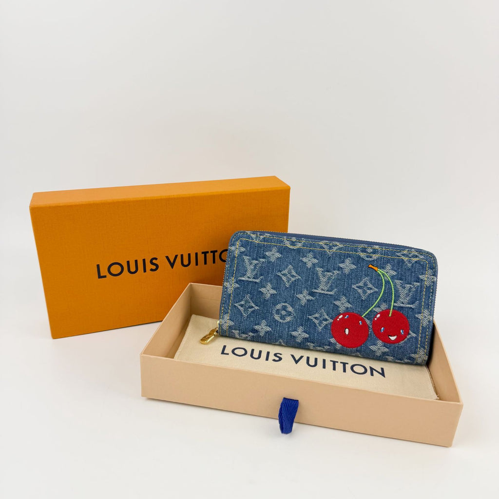 Louis Vuitton LV x Takashi Murakami Zippy Wallet Cherry Monogram Denim Blue