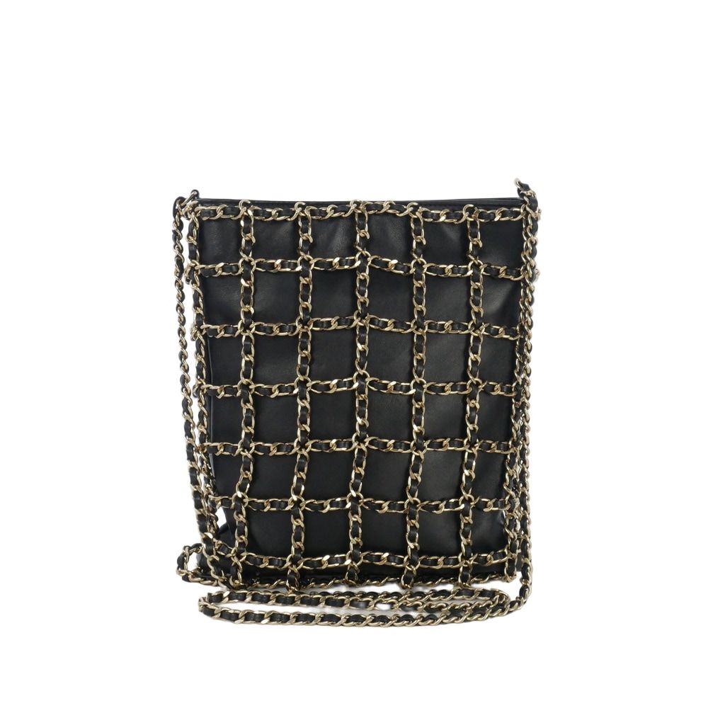 Chanel CC Logo Charm Chain Net Tote Bag Lambskin Black — view 2