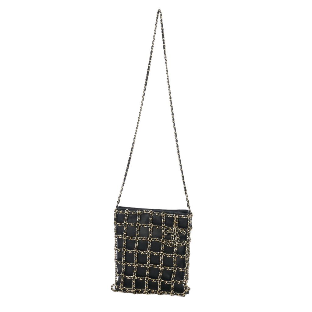 Chanel CC Logo Charm Chain Net Tote Bag Lambskin Black — view 4