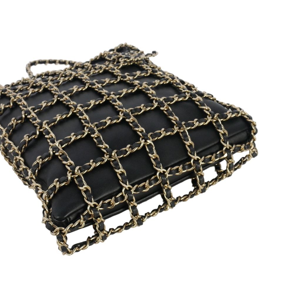 Chanel CC Logo Charm Chain Net Tote Bag Lambskin Black — view 5