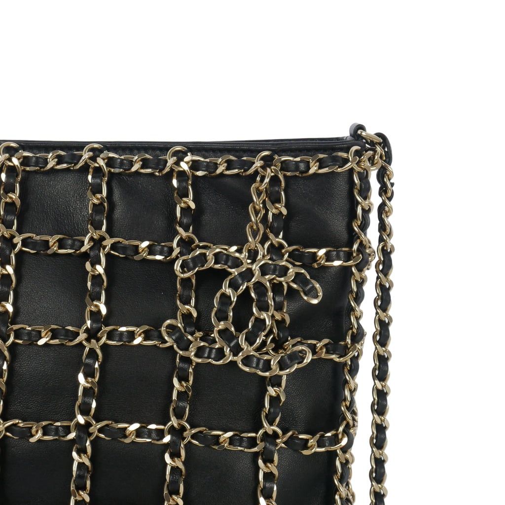 Chanel CC Logo Charm Chain Net Tote Bag Lambskin Black — view 3