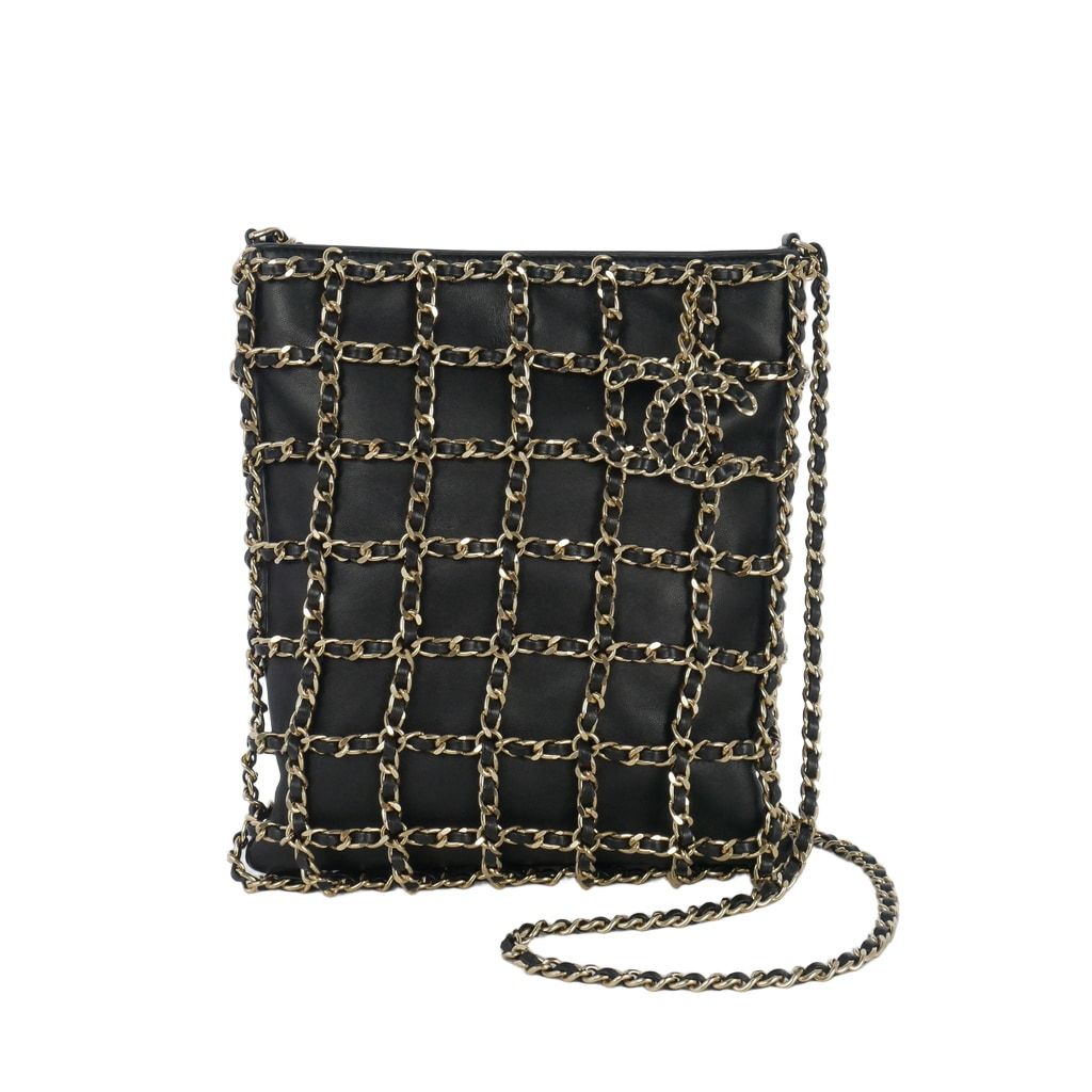 Chanel CC Logo Charm Chain Net Tote Bag Lambskin Black