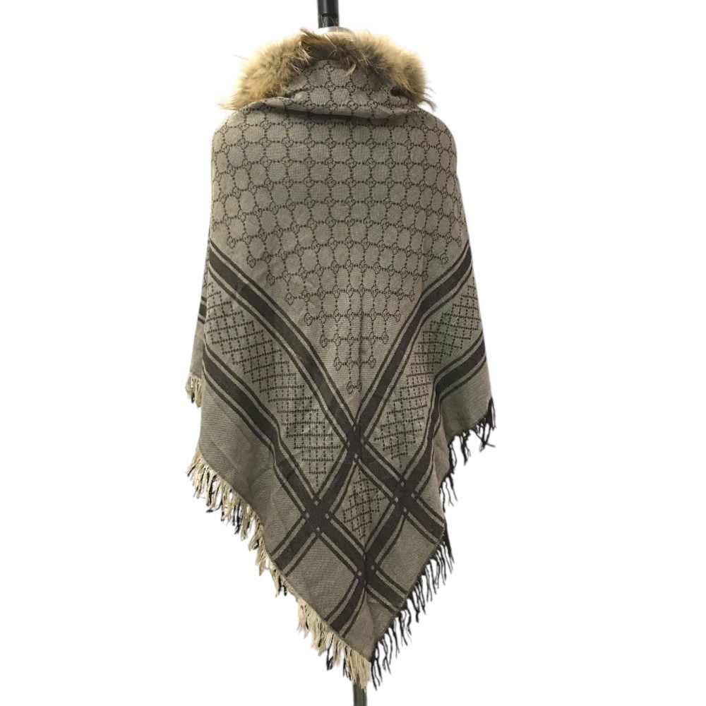 Gucci Shawl Fur Haori Tippet GG Logo Wool Brown Scarf — view 7