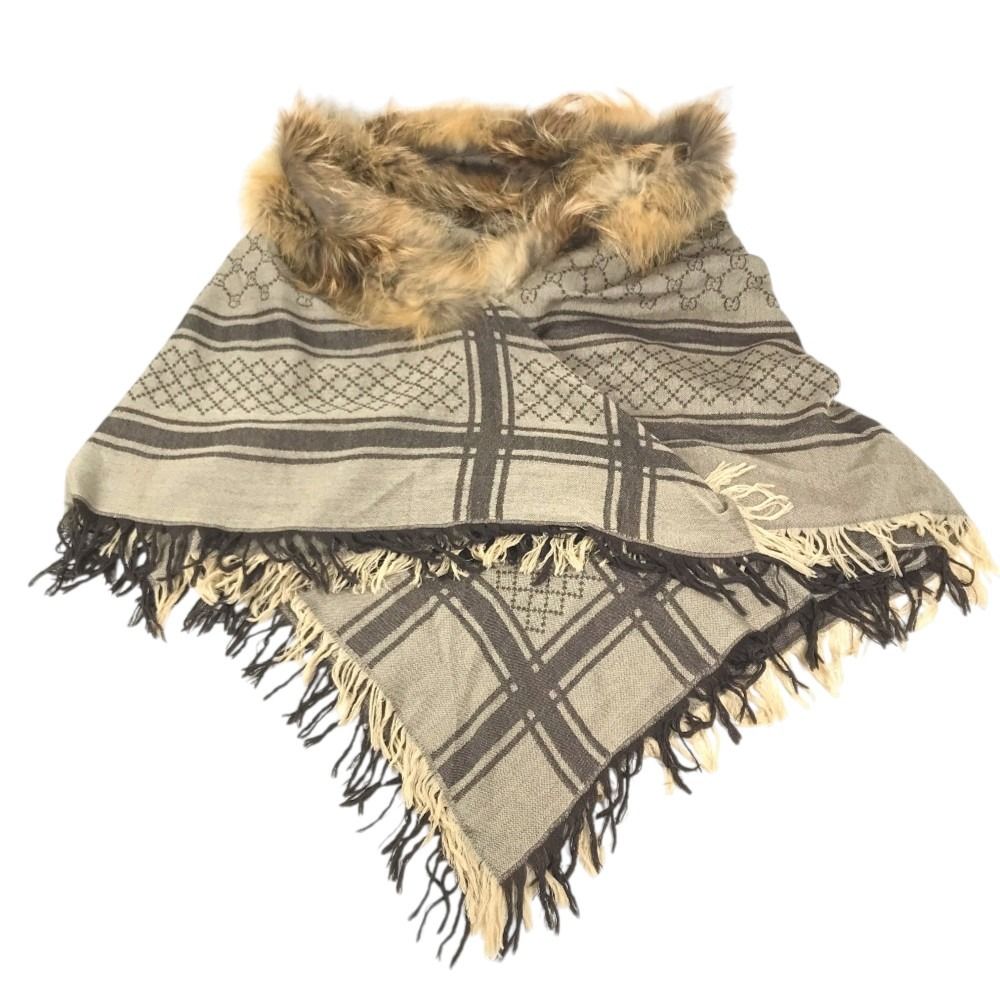 Gucci Shawl Fur Haori Tippet GG Logo Wool Brown Scarf — view 2