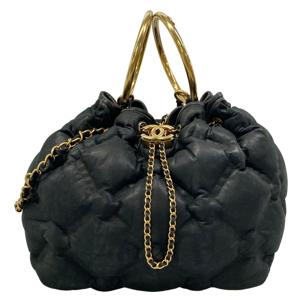 Chanel Shoulder Bag Bubble Quilt Black Chain Matte Gold Leather