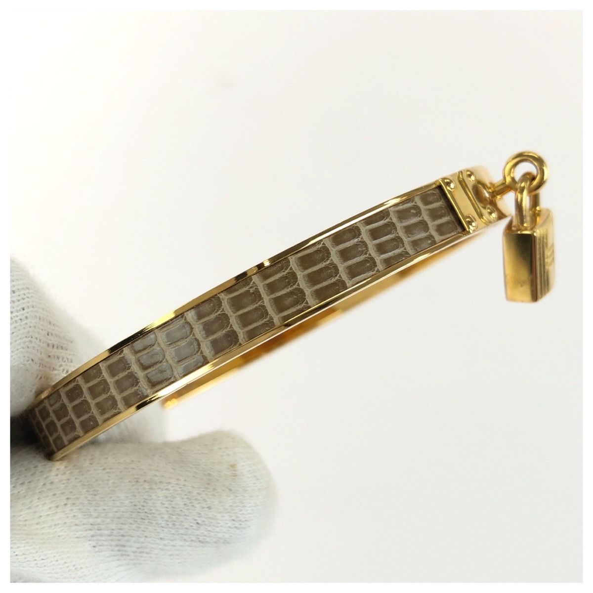 Hermes Vintage Kelly Bangle Croco Gold Plated Leather Bracelet — view 3