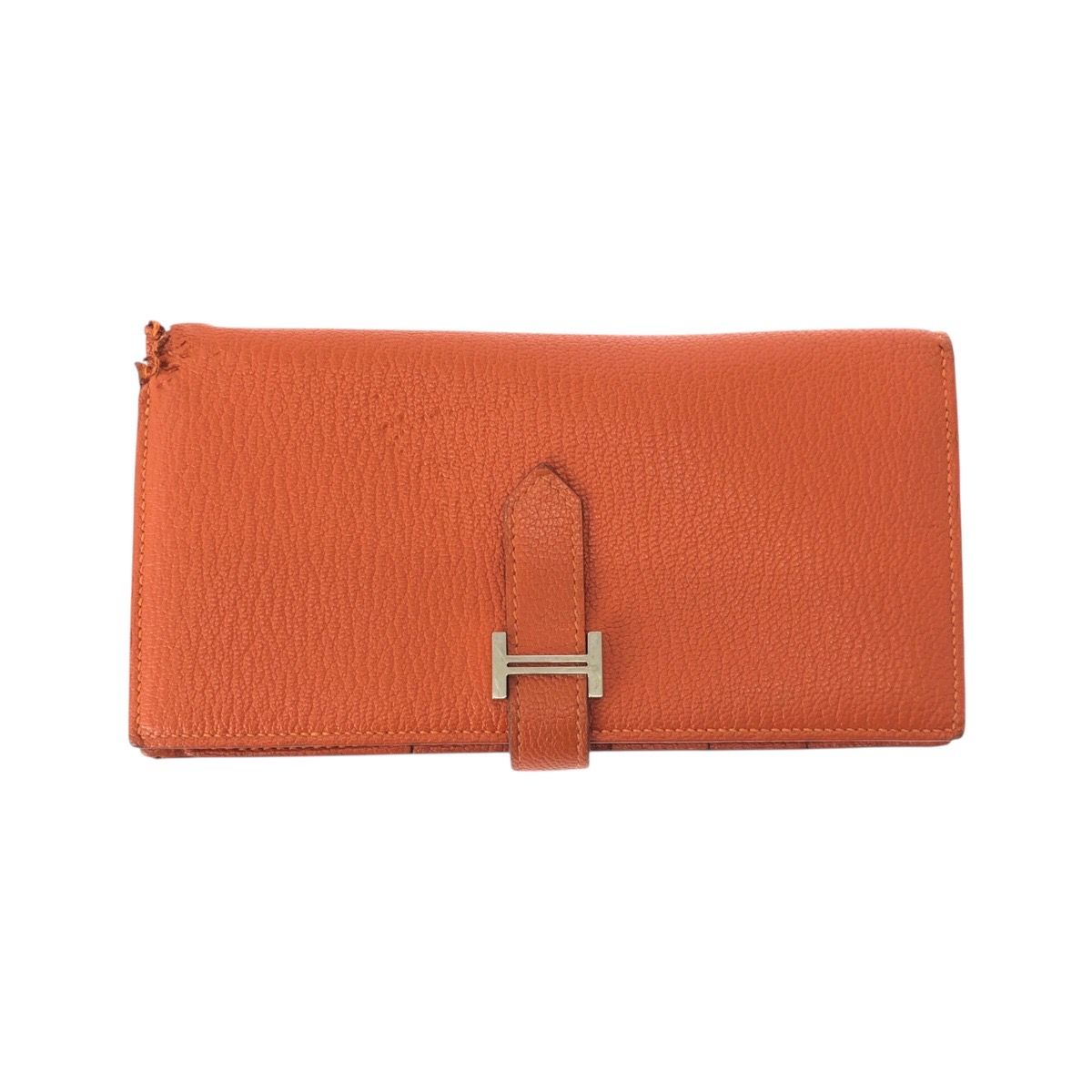 Hermes Bearn Soufflet Orange Silver Veau Epsom Wallet