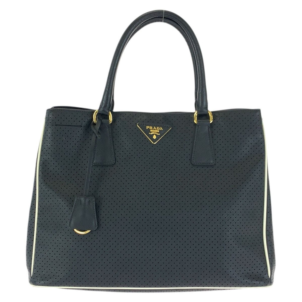 Prada Saffiano Perforated Black Gold Leather Tote Bag