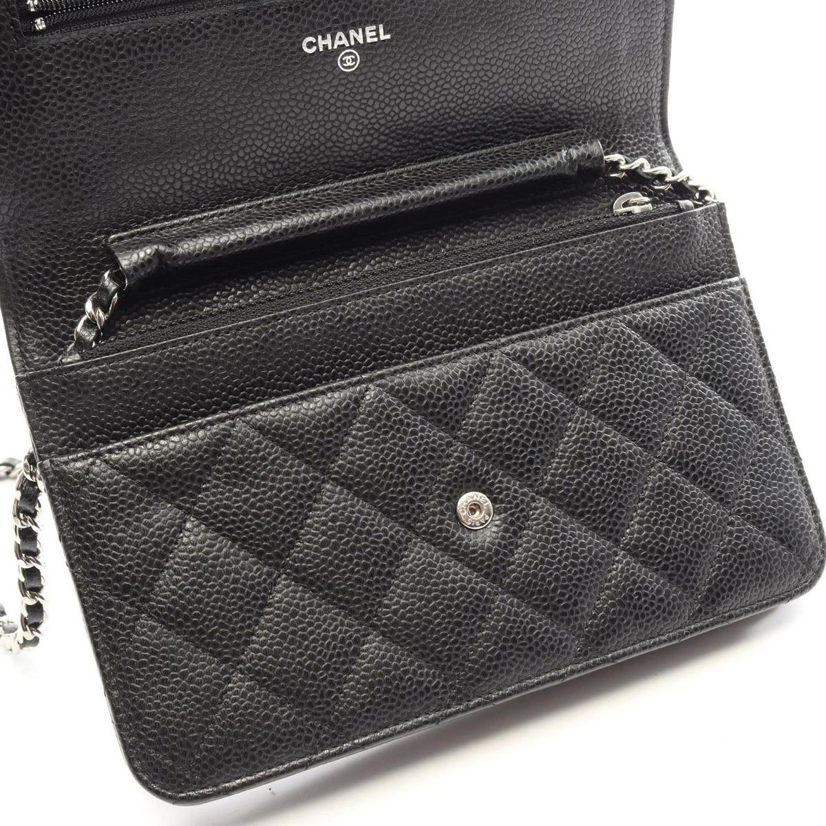 Chanel Shoulder Bag Quilted Black Caviar Leather Chain Wallet — view 7