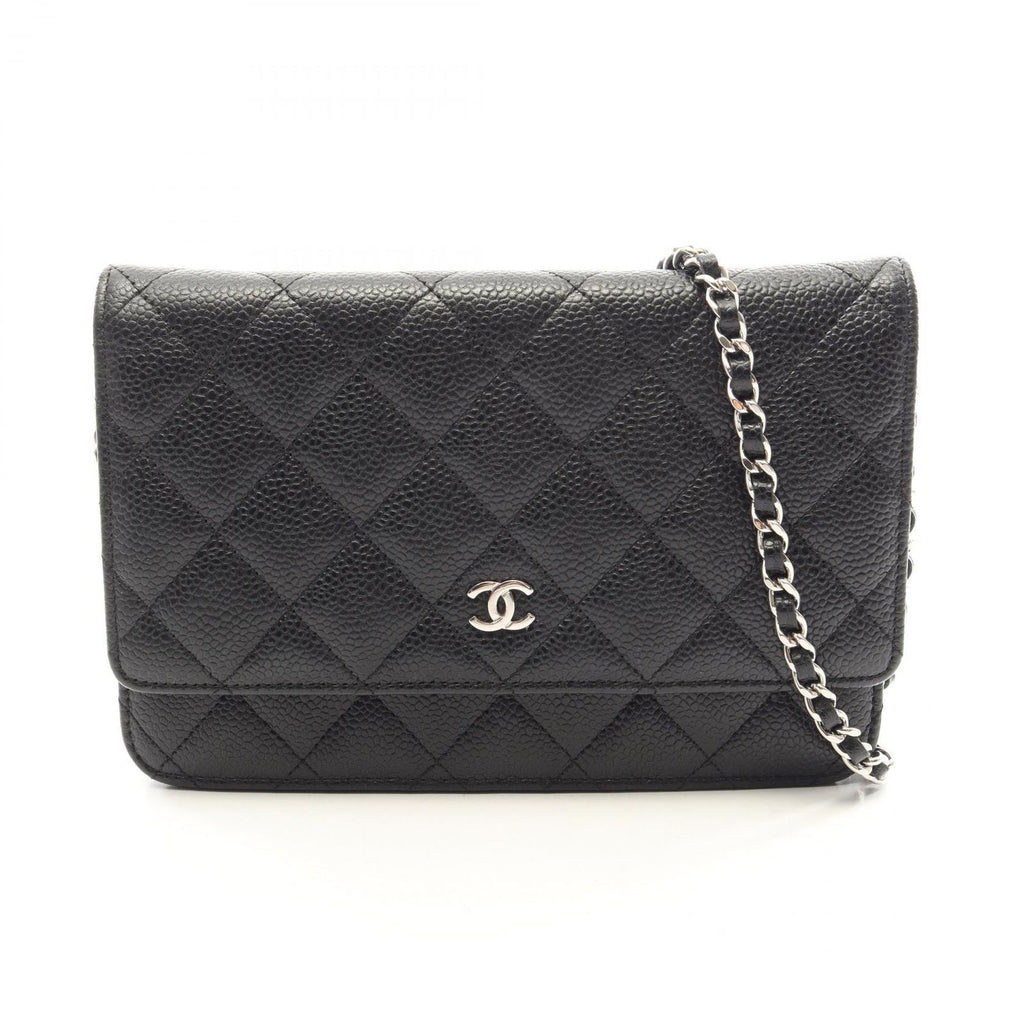 Chanel Shoulder Bag Quilted Black Caviar Leather Chain Wallet