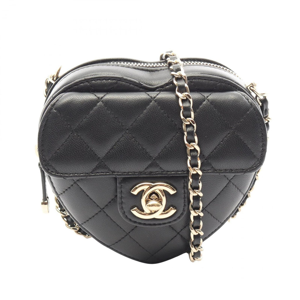 Chanel Shoulder Bag Heart Chain Clutch Black Lambskin Quilted Shape