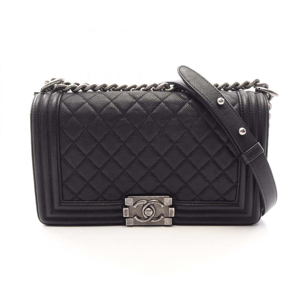 Chanel Shoulder Bag Boy Black Caviar Leather Chain
