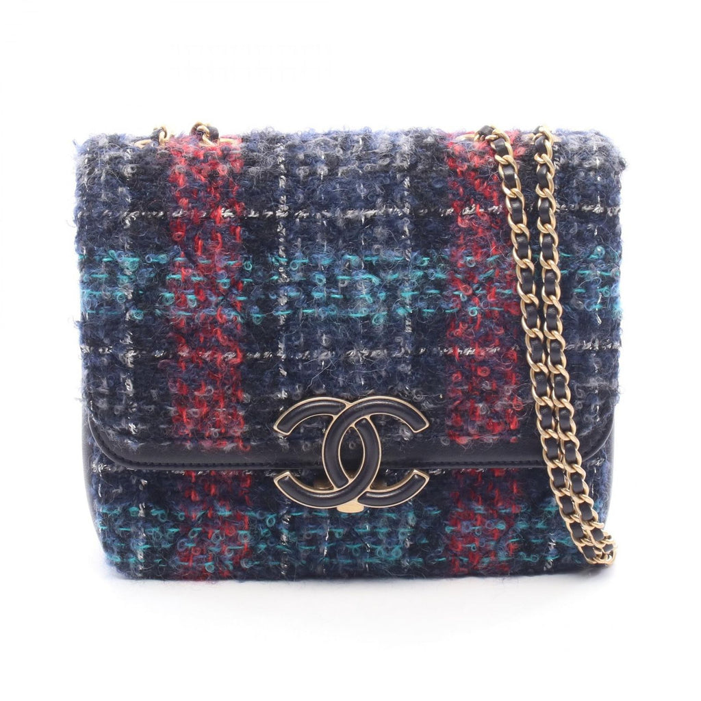 Chanel Shoulder Bag Quilted Navy Fabric Leather Chain