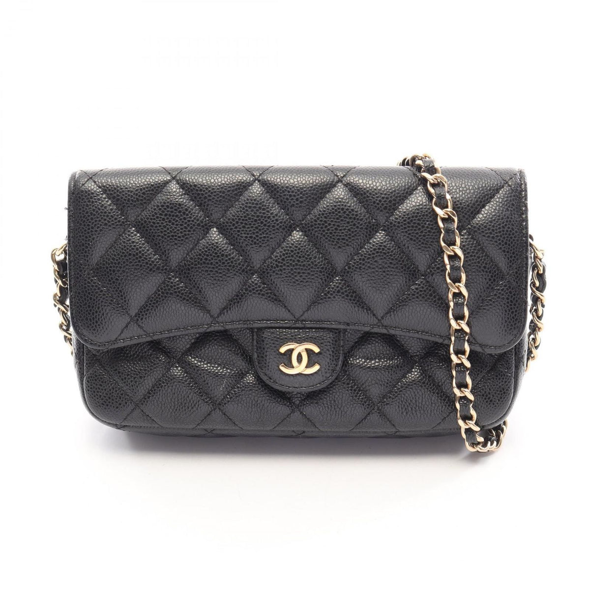 Chanel Shoulder Bag Quilted Chain Phone Case Wallet Black Caviar Leather