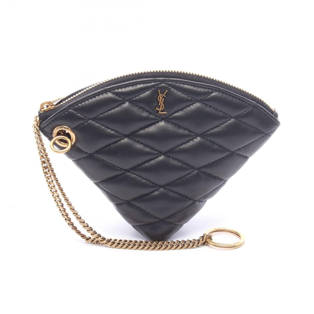 Saint Laurent Paris Coin Purse Sade with Key Ring Black Leather Triangle