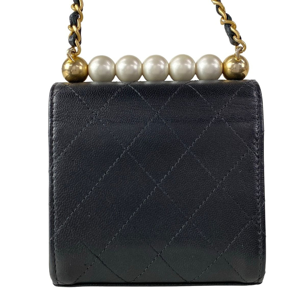 Chanel Shoulder Bag Mini Quilted Black Chain Gold Faux Pearl Lambskin — view 3