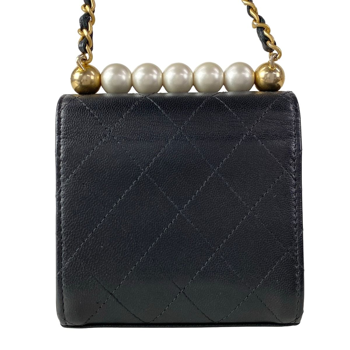 Chanel Shoulder Bag Mini Quilted Black Chain Gold Faux Pearl Lambskin — view 3