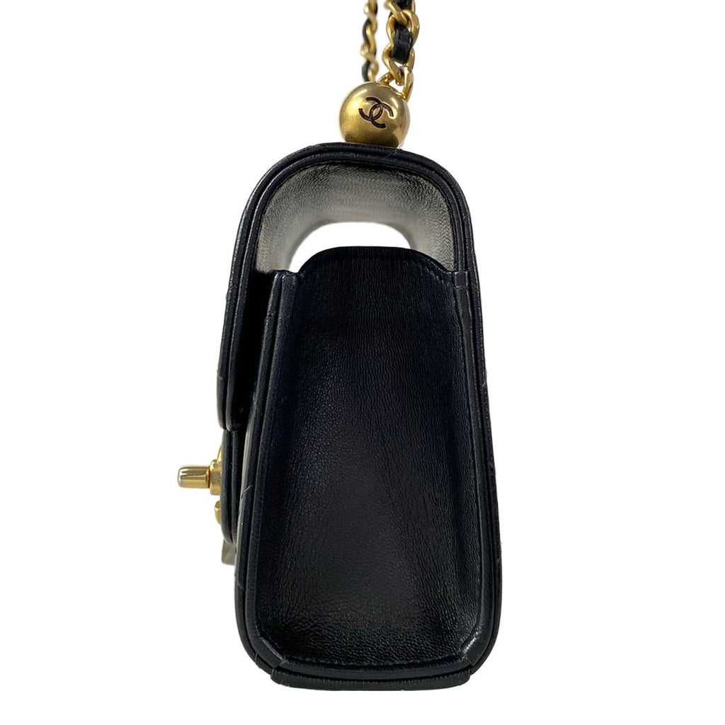 Chanel Shoulder Bag Mini Quilted Black Chain Gold Faux Pearl Lambskin — view 4