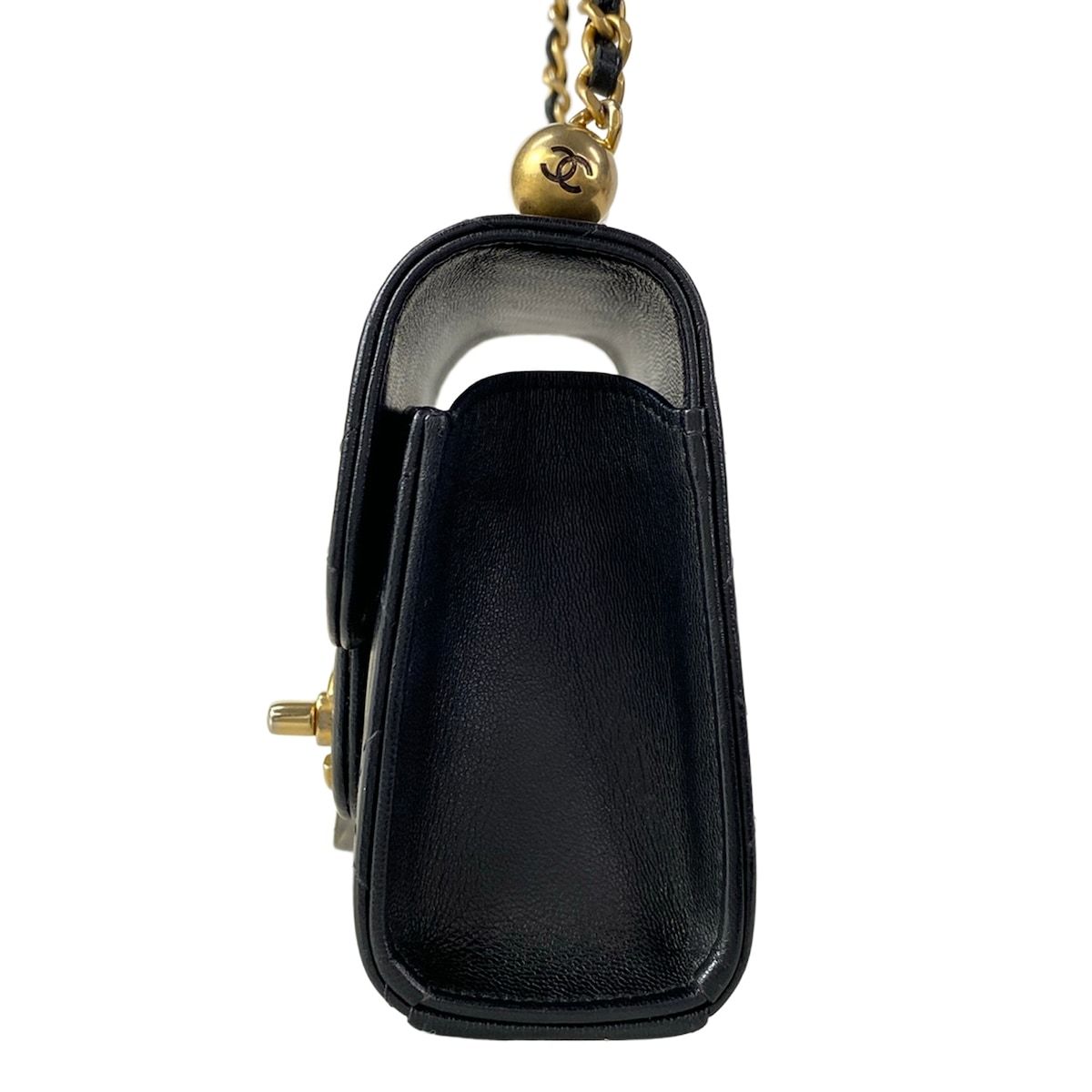 Chanel Shoulder Bag Mini Quilted Black Chain Gold Faux Pearl Lambskin — view 4