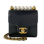 Chanel Shoulder Bag Mini Quilted Black Chain Gold Faux Pearl Lambskin