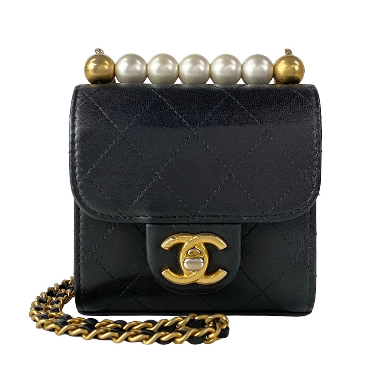 Chanel Shoulder Bag Mini Quilted Black Chain Gold Faux Pearl Lambskin