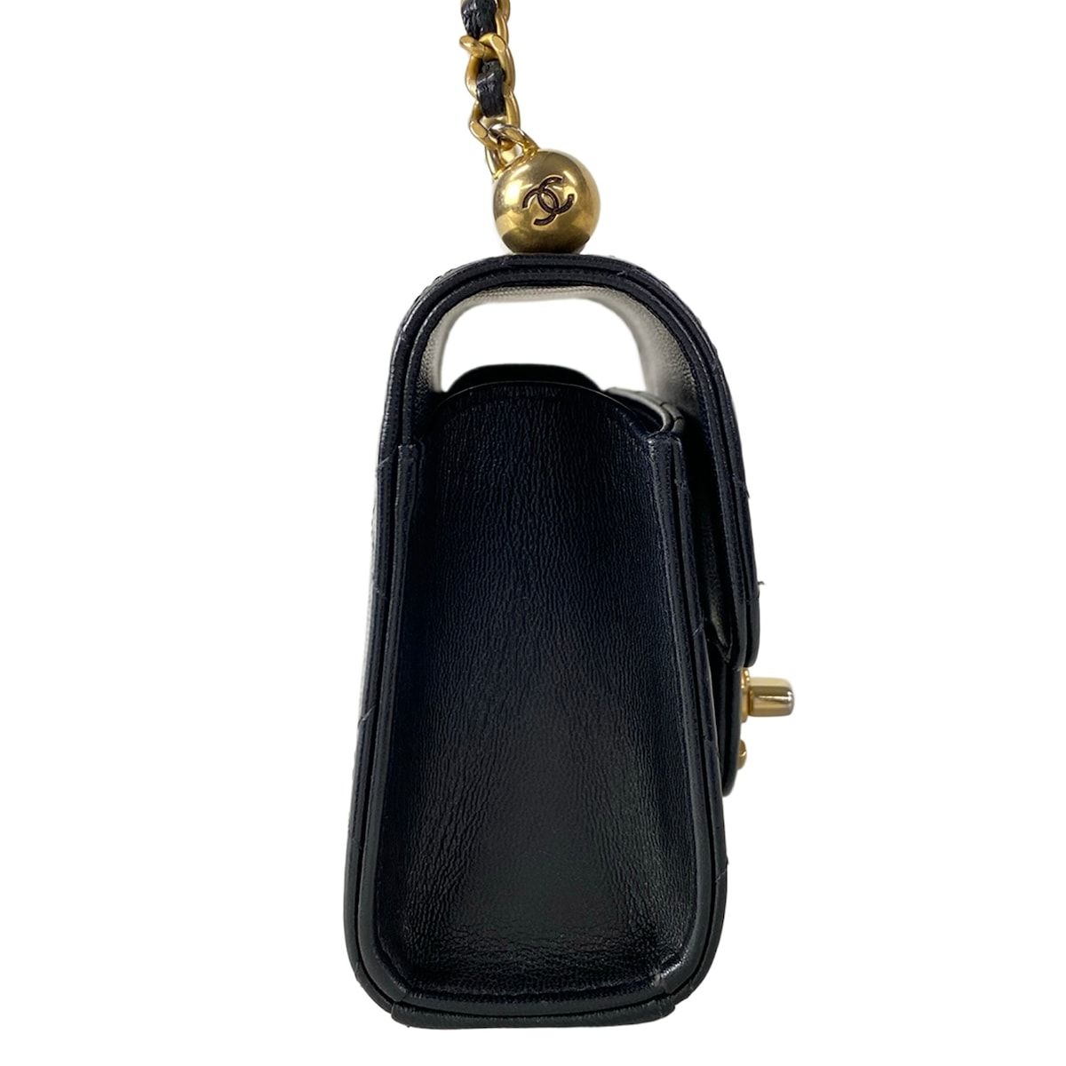 Chanel Shoulder Bag Mini Quilted Black Chain Gold Faux Pearl Lambskin — view 2