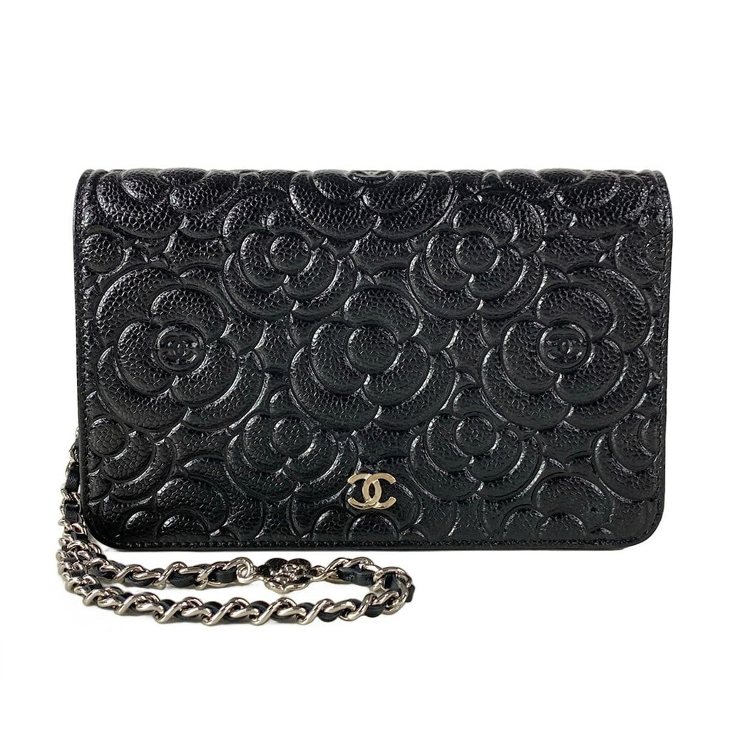 Chanel Wallet Camellia Black Embossed Chain Silver Shoulder Bag
