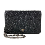 Chanel Wallet Camellia Black Embossed Chain Silver Shoulder Bag