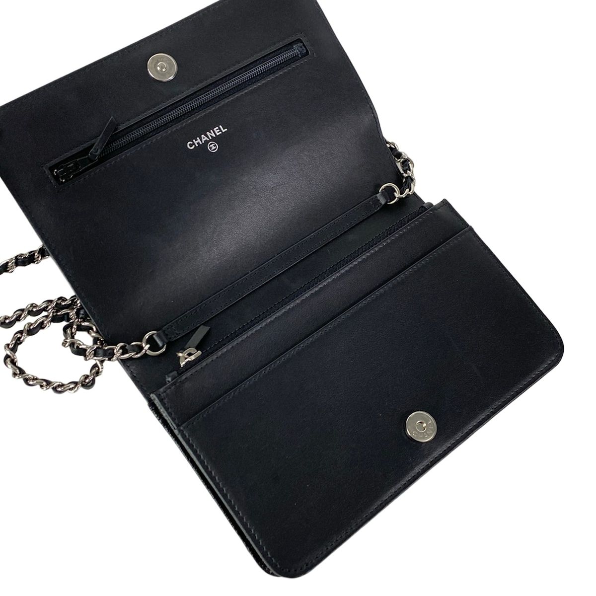 Chanel Wallet Camellia Black Embossed Chain Silver Shoulder Bag — view 3