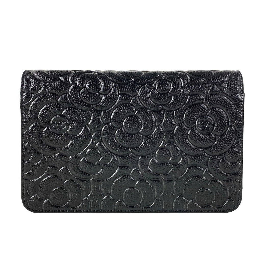 Chanel Wallet Camellia Black Embossed Chain Silver Shoulder Bag — view 2