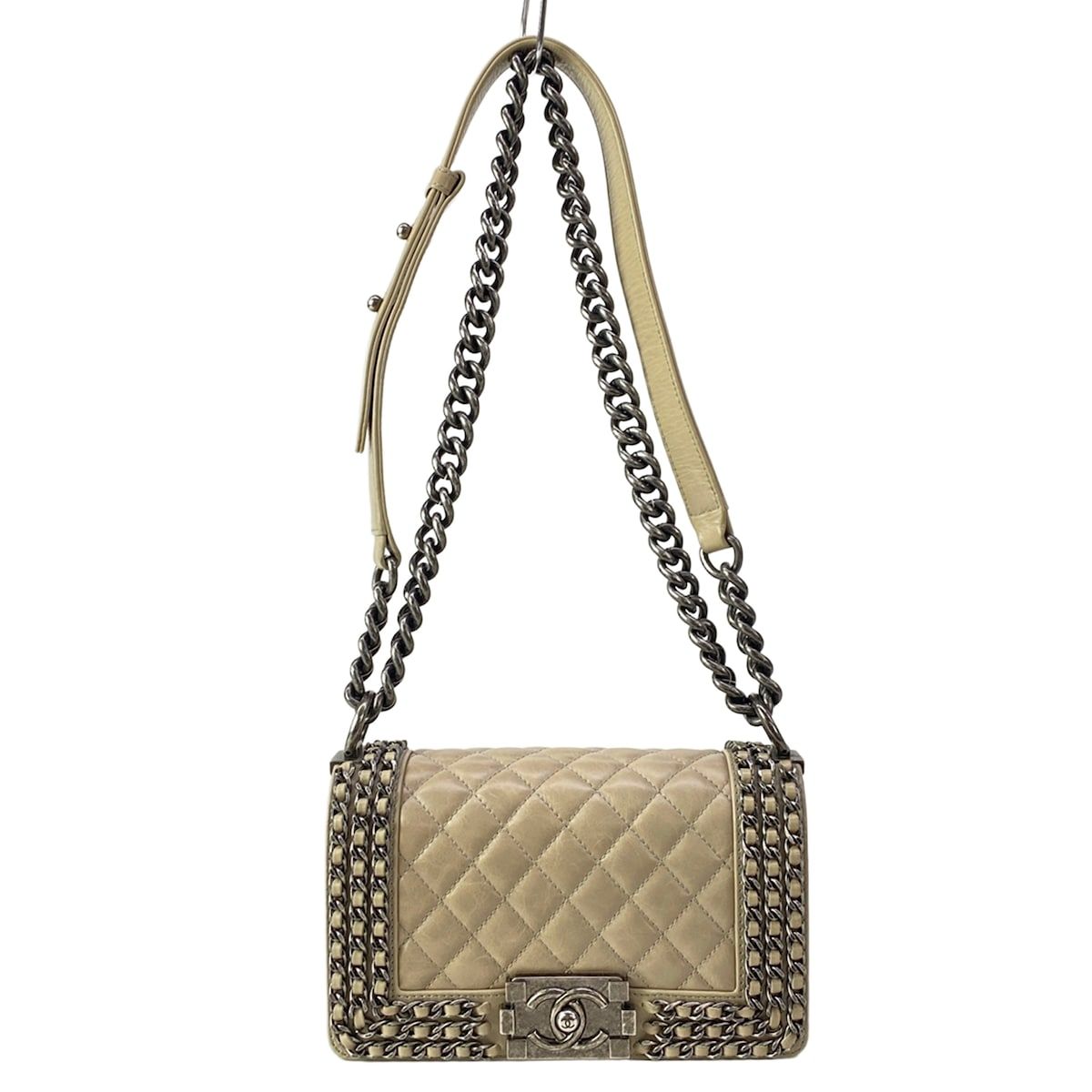 Chanel Shoulder Bag Boy Quilted Beige Chain Vintage Silver
