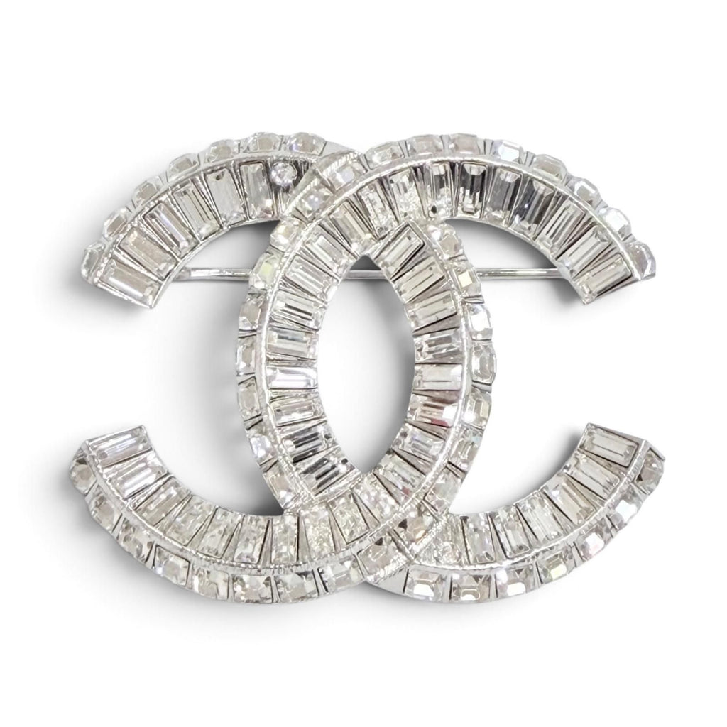 Chanel CC Logo Rhinestone Crystal Bijou Brooch Silver