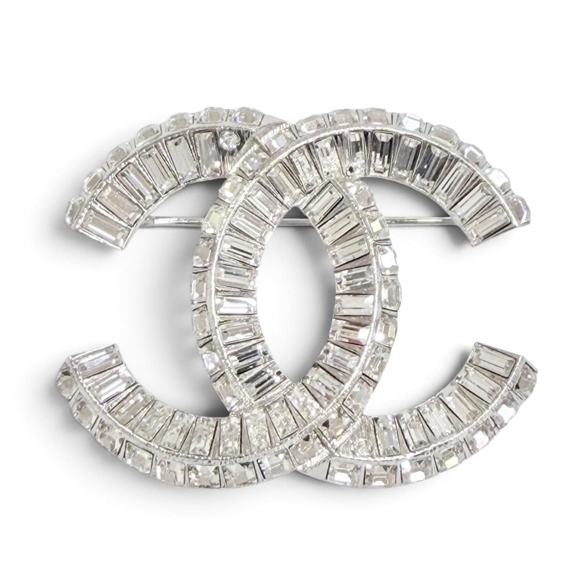 Chanel CC Logo Rhinestone Crystal Bijou Brooch Silver