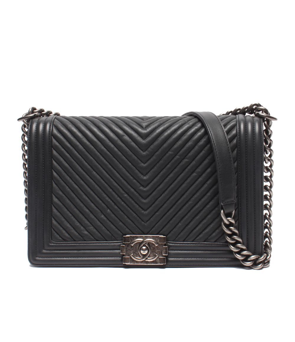 Chanel Chain Shoulder Bag Silver Lambskin Boy V-stitch