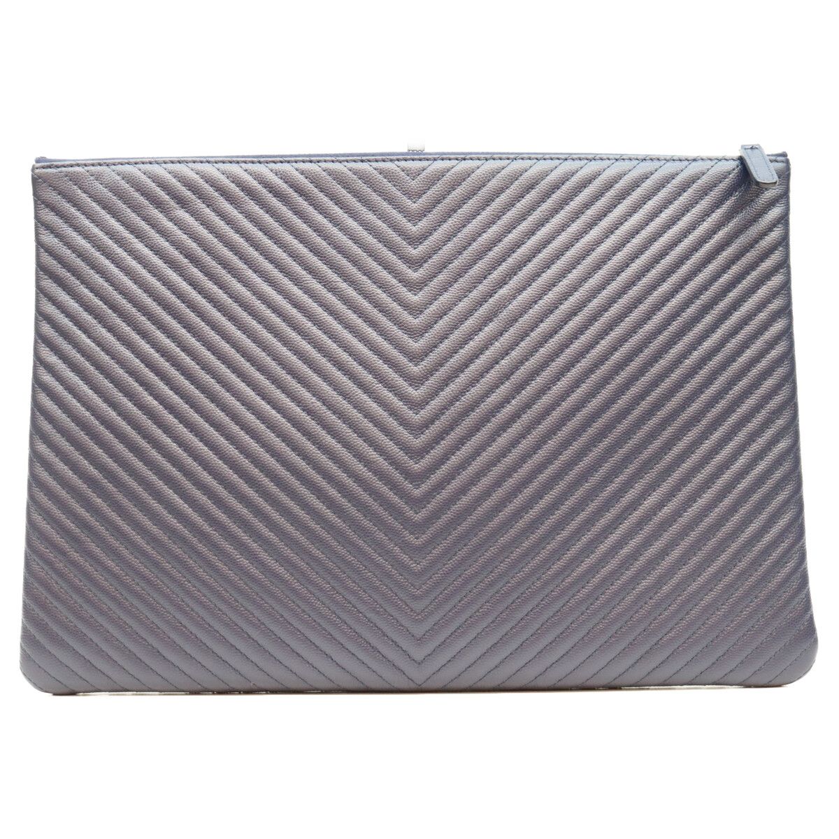 Chanel Navy Caviar Silver V-stitch Chevron Clutch Pouch — view 2