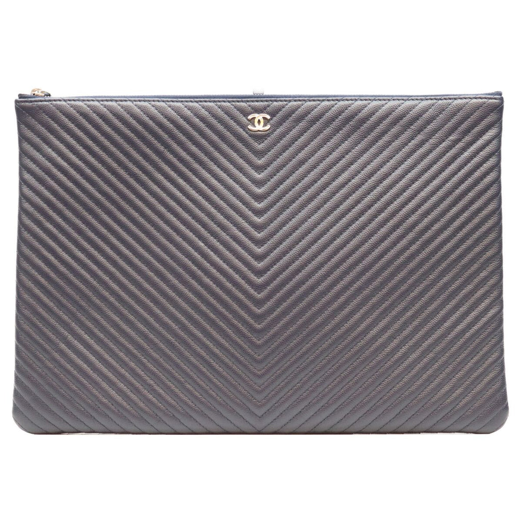Chanel Navy Caviar Silver V-stitch Chevron Clutch Pouch