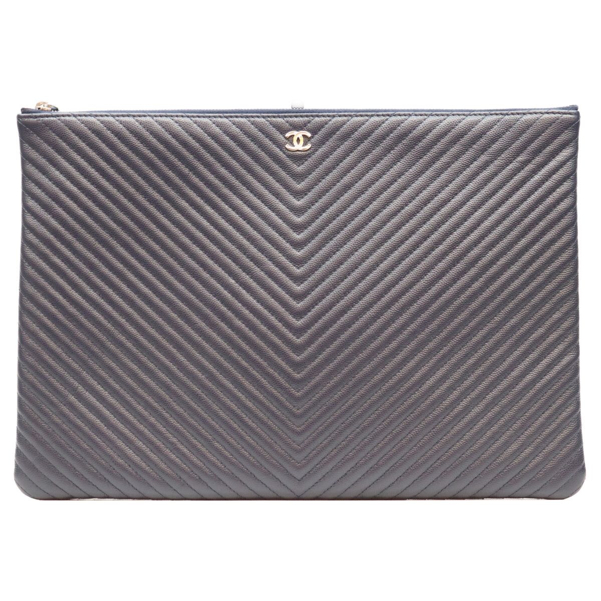 Chanel Navy Caviar Silver V-stitch Chevron Clutch Pouch