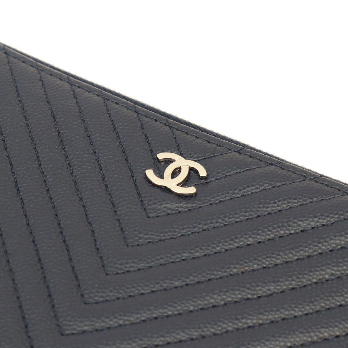 Chanel Navy Caviar Silver V-stitch Chevron Clutch Pouch — view 5