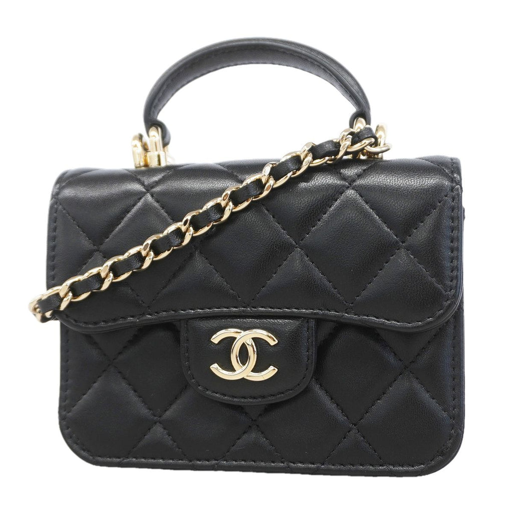 Chanel Handbag Quilted Lambskin Black Champagne Gold 2-Way Bag
