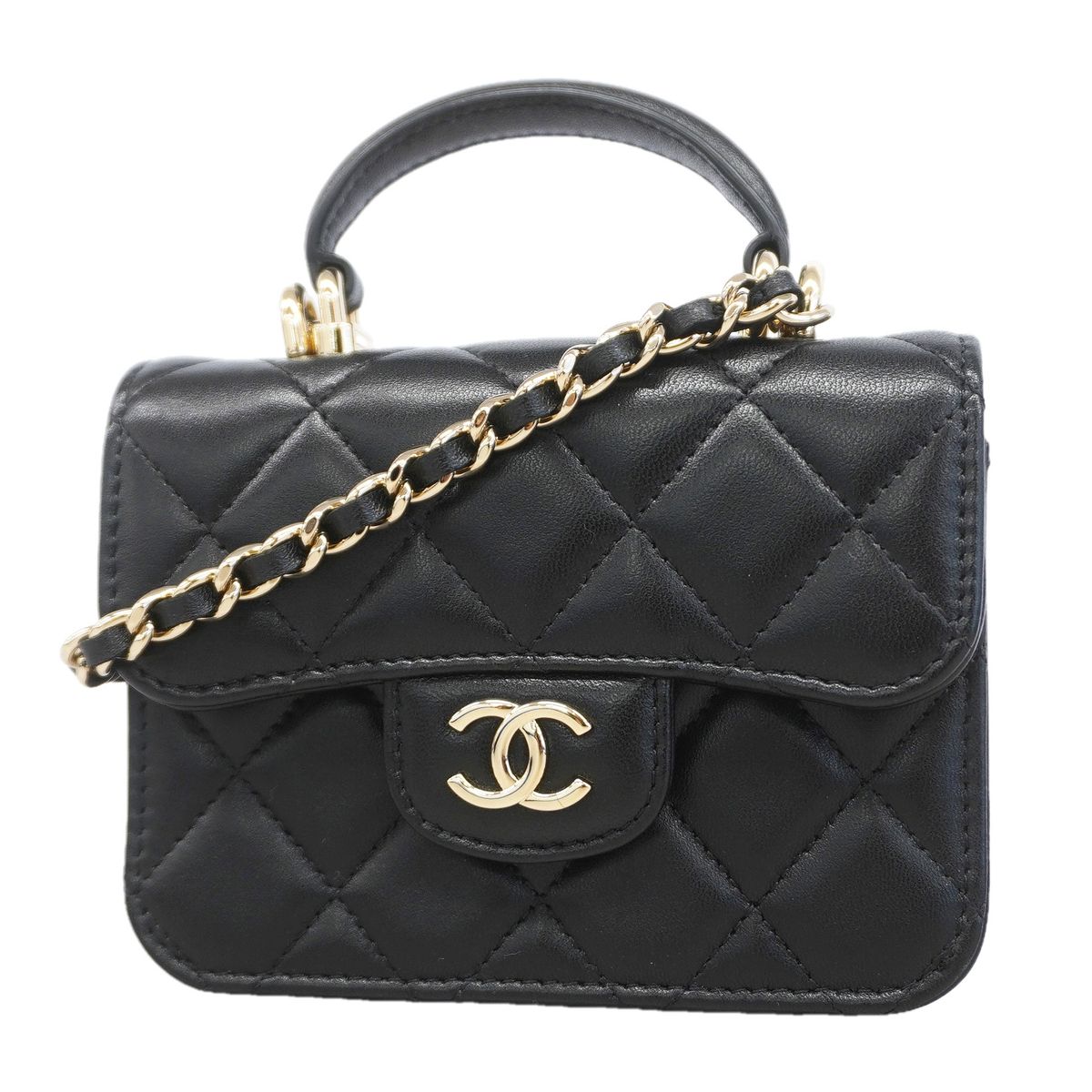 Chanel Handbag Quilted Lambskin Black Champagne Gold 2-Way Bag