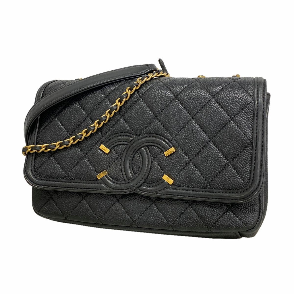Chanel Shoulder Bag CC Filigree Caviar Leather Black Gold