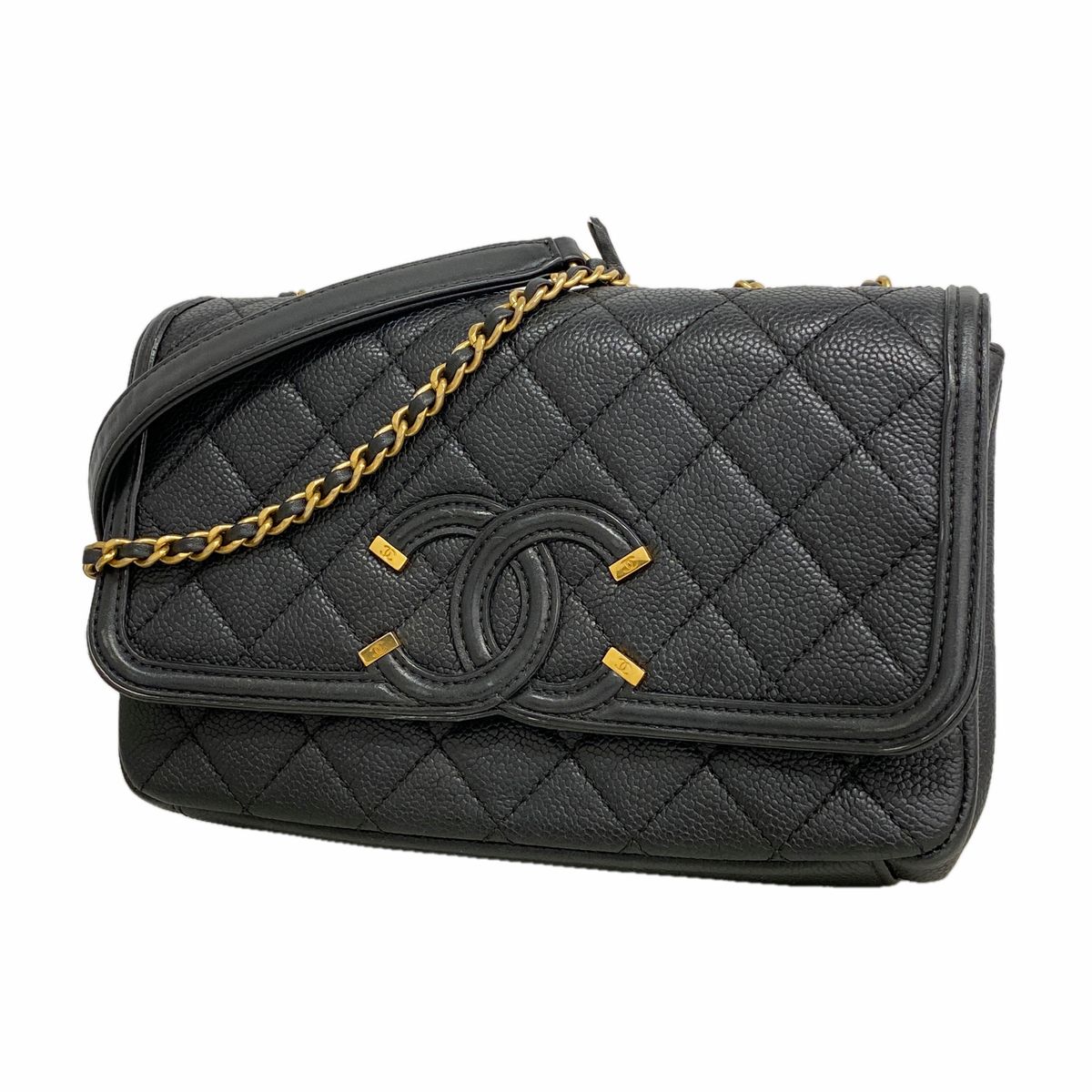 Chanel Shoulder Bag CC Filigree Caviar Leather Black Gold