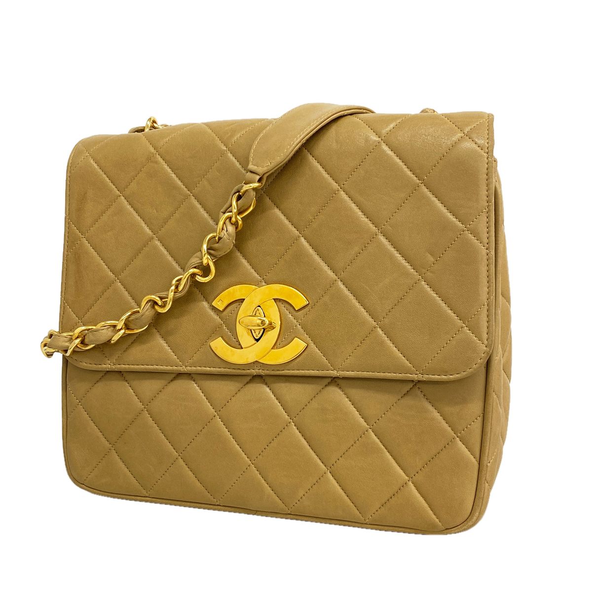 Chanel Shoulder Bag Quilted Jumbo CC Logo Lambskin Beige Gold