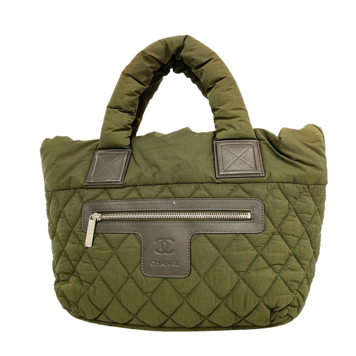 Chanel Tote Bag Coco Cocoon Nylon Khaki Green Silver