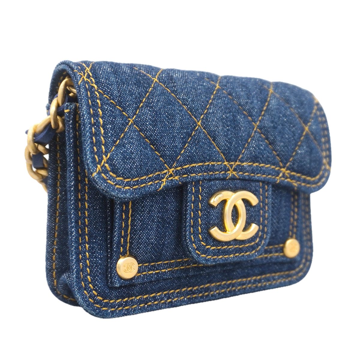 Chanel Shoulder Bag Mini Quilted Denim Blue Gold — view 2