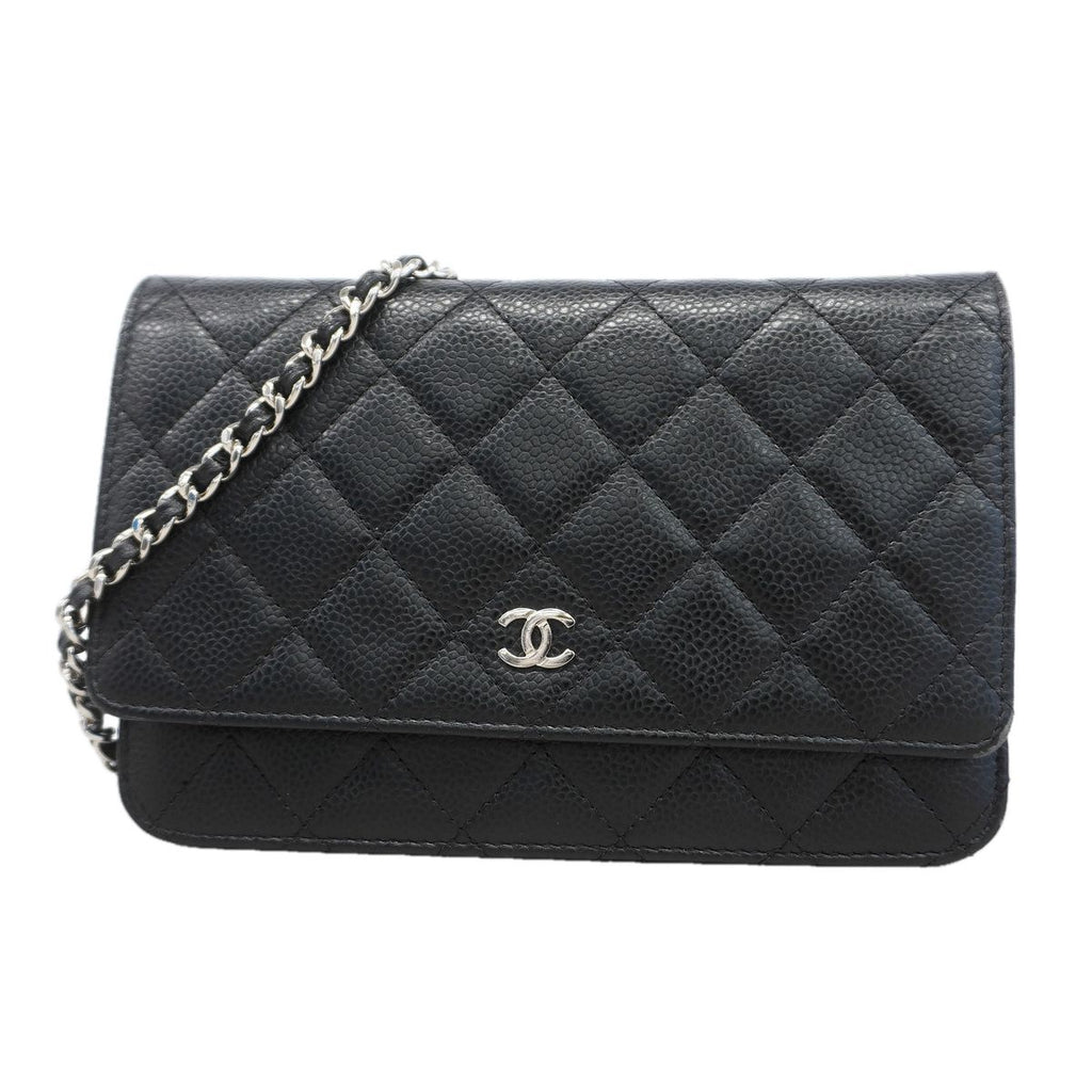 Chanel Wallet on Chain Quilted Caviar Leather Black Silver Shoulder Bag