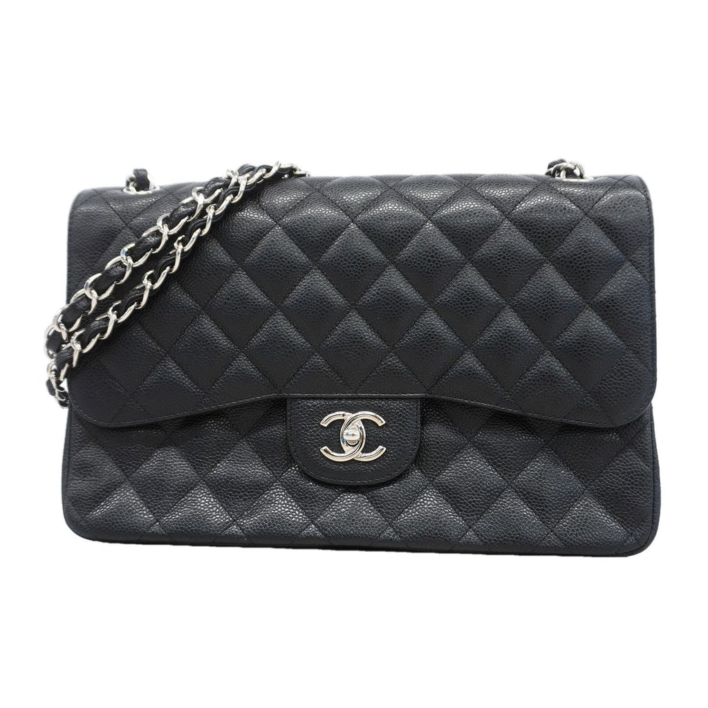 Chanel Shoulder Bag Maxi Quilted Caviar Leather Black Silver