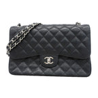 Chanel Shoulder Bag Maxi Quilted Caviar Leather Black Silver