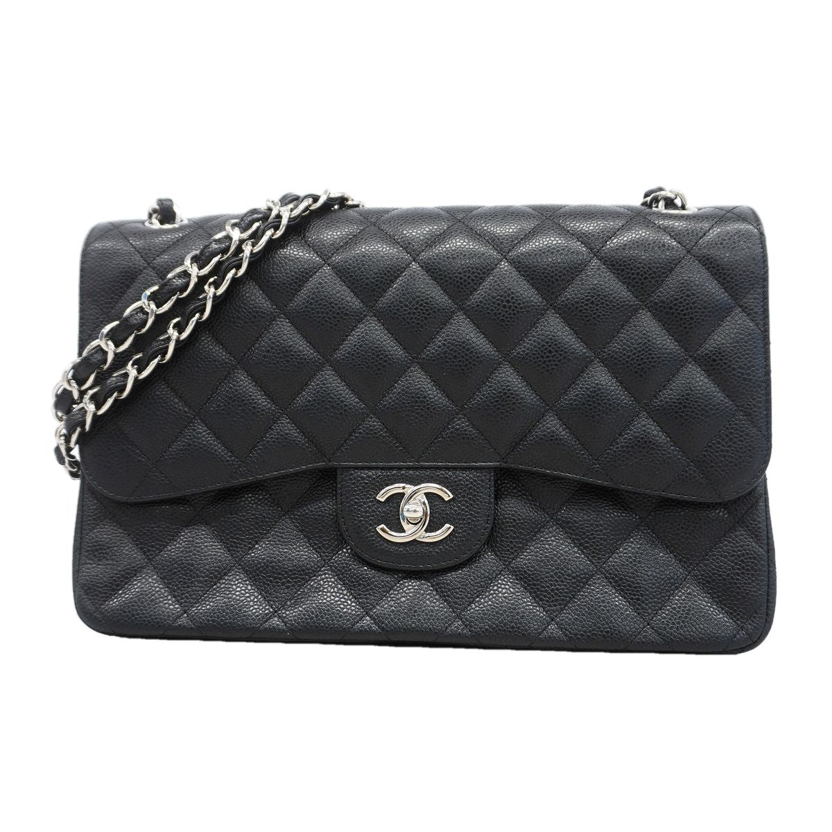 Chanel Shoulder Bag Maxi Quilted Caviar Leather Black Silver